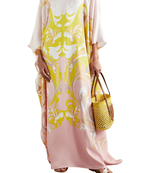 JSDC V Neck Style Printed Satin Silk Kaftan For Women