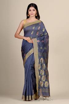 Grey hand woven blended cotton saree with blouse