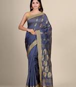 Grey hand woven blended cotton saree with blouse