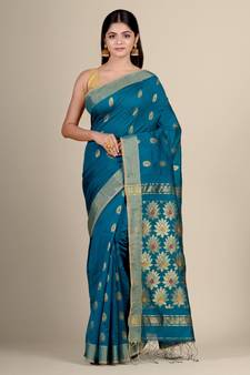 Blue hand woven blended cotton saree with blouse