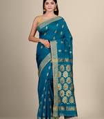 Blue hand woven blended cotton saree with blouse