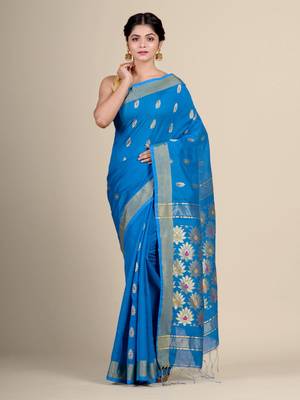 Blue hand woven blended cotton saree with blouse 1