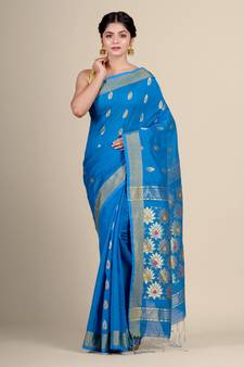 Blue hand woven blended cotton saree with blouse
