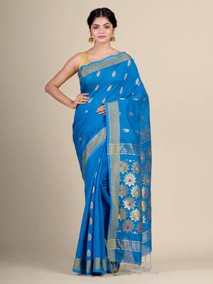 Blue hand woven blended cotton saree with blouse 2