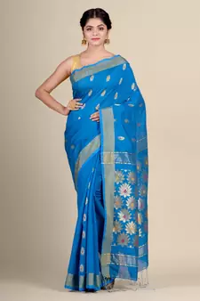 Blue hand woven blended cotton saree with blouse