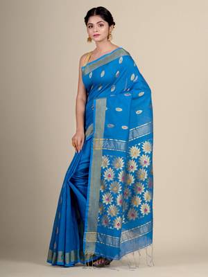 Blue hand woven blended cotton saree with blouse 3