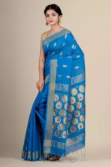 Blue hand woven blended cotton saree with blouse