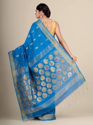 Blue hand woven blended cotton saree with blouse 4