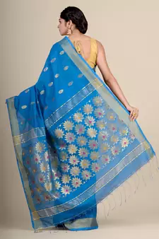 Blue hand woven blended cotton saree with blouse