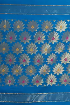 Blue hand woven blended cotton saree with blouse