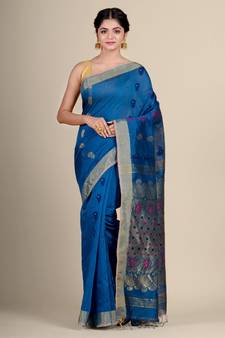 Blue hand woven blended cotton saree with blouse