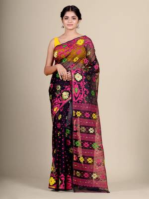 Black Hand Woven Silk Cotton Saree Without Blouse 1