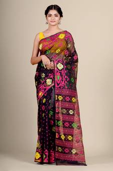 Black Hand Woven Silk Cotton Saree Without Blouse