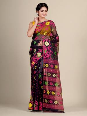 Black Hand Woven Silk Cotton Saree Without Blouse 2