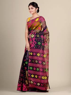 Black Hand Woven Silk Cotton Saree Without Blouse 3