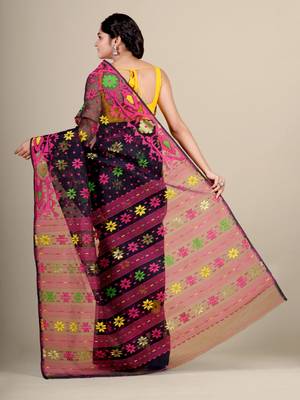 Black Hand Woven Silk Cotton Saree Without Blouse 4