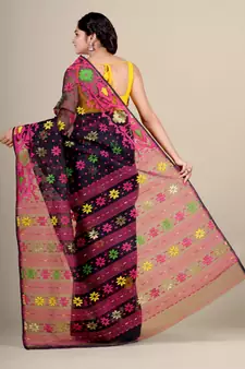 Black Hand Woven Silk Cotton Saree Without Blouse