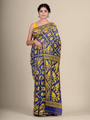 Blue Hand Woven Silk Cotton Saree Without Blouse 1