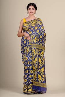 Blue Hand Woven Silk Cotton Saree Without Blouse