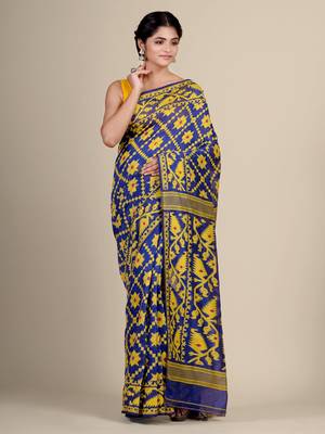 Blue Hand Woven Silk Cotton Saree Without Blouse 2