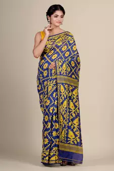 Blue Hand Woven Silk Cotton Saree Without Blouse