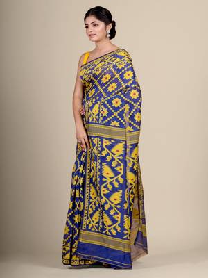 Blue Hand Woven Silk Cotton Saree Without Blouse 3