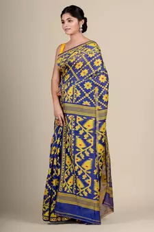 Blue Hand Woven Silk Cotton Saree Without Blouse