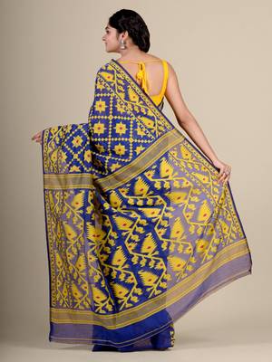 Blue Hand Woven Silk Cotton Saree Without Blouse 4