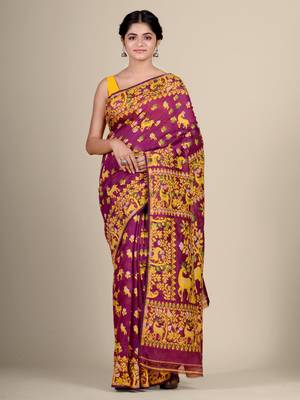 Pink Hand Woven Silk Cotton Saree Without Blouse 1