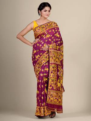 Pink Hand Woven Silk Cotton Saree Without Blouse 2