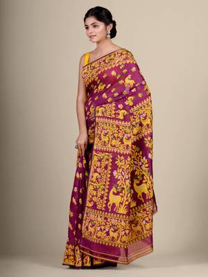 Pink Hand Woven Silk Cotton Saree Without Blouse 3