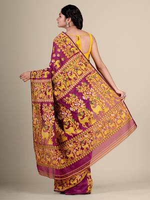 Pink Hand Woven Silk Cotton Saree Without Blouse 4