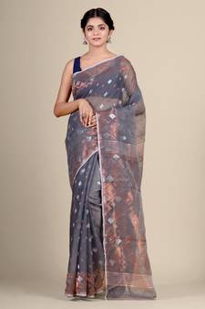Grey Hand Woven Silk Cotton Saree Without Blouse