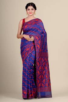 Blue Hand Woven Silk Cotton Saree Without Blouse
