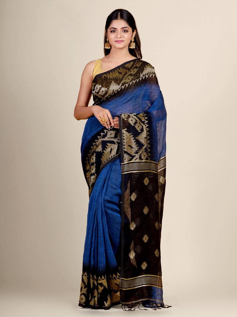 Blue hand woven linen saree with blouse