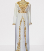 White Zari Stone Work Georgette Islamic Style Beads Embedded Partywear Kaftan Long Gown Evening wear Dubai kaftan