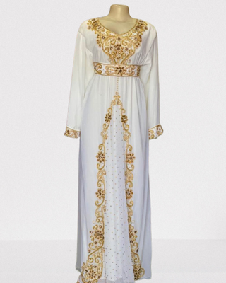 White Zari Stone Work Georgette Islamic Style Beads Embedded Partywear Kaftan Long Gown Evening wear Dubai kaftan 2