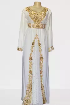 White Zari Stone Work Georgette Islamic Style Beads Embedded Partywear Kaftan Long Gown Evening wear Dubai kaftan