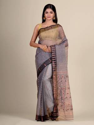 Grey hand woven silk saree with blouse 1