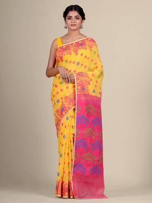 Yellow Hand Woven Silk Cotton Saree Without Blouse 1