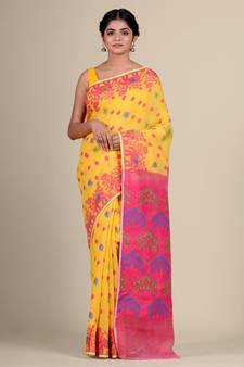 Yellow Hand Woven Silk Cotton Saree Without Blouse