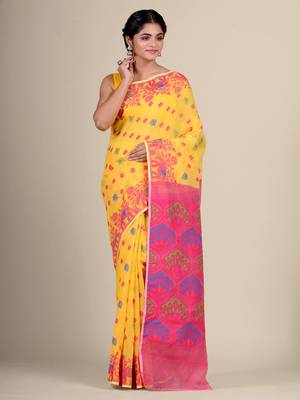 Yellow Hand Woven Silk Cotton Saree Without Blouse 2
