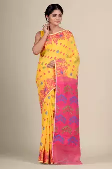 Yellow Hand Woven Silk Cotton Saree Without Blouse