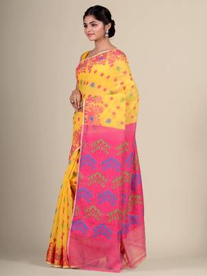 Yellow Hand Woven Silk Cotton Saree Without Blouse 3