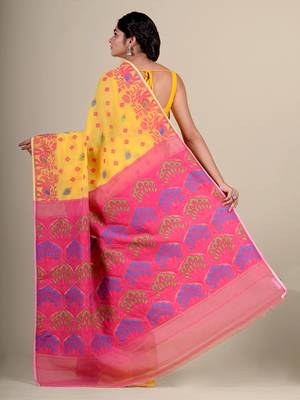 Yellow Hand Woven Silk Cotton Saree Without Blouse 4