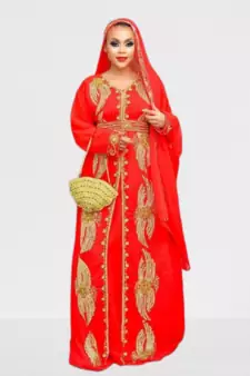 Red Zari Stone Work Georgette Islamic Style Beads Embedded Partywear Kaftan Long Gown Evening wear Dubai kaftan
