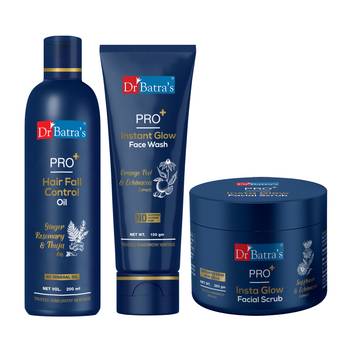 Dr Batra's PRO+ Hair Fall Control Oil -200ml PRO+Instant Glow Face Wash-100 g and PRO+  Insta Glow Facial Scrub-250 g 1