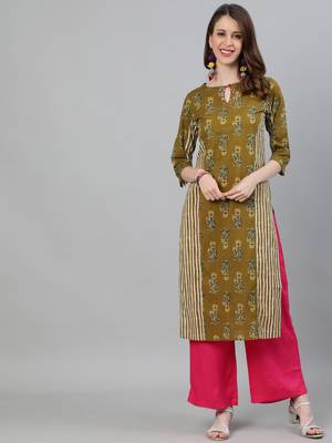 Olive printed cotton ethnic-kurtis 1