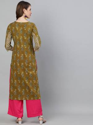 Olive printed cotton ethnic-kurtis 3