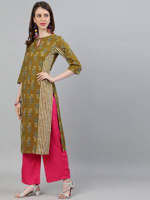 Olive printed cotton ethnic-kurtis 4